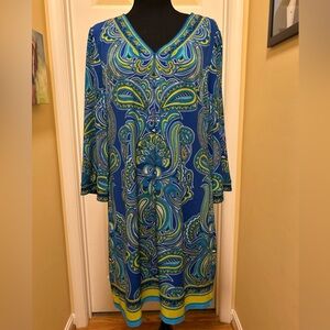 Laundry By Shelli Segal Blue and Green Paisley Long Sleeve Dress